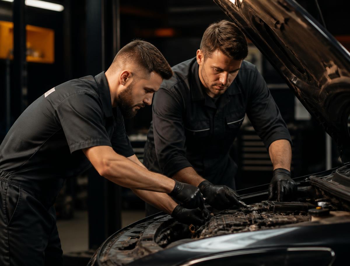 Two ARG Garage mechanics servicing a car engine
