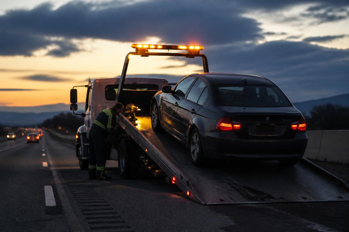 Tow truck loading a car on the highway at dusk